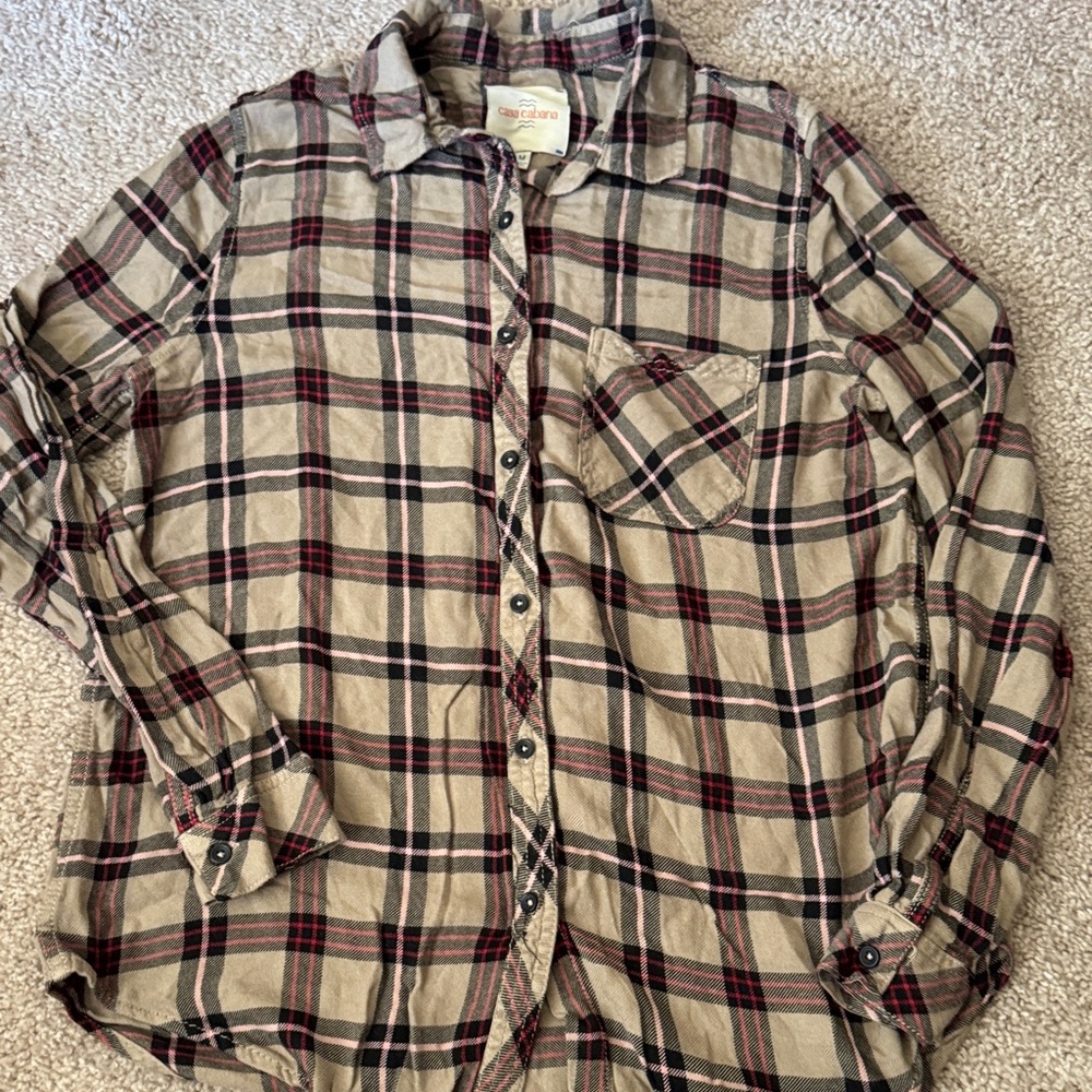 Casual Plaid Button-Down Shirt - Beige and Dark Red